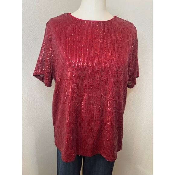 Burgundy Sequin Top Short Sleeve Size Large - Picture 4 of 4